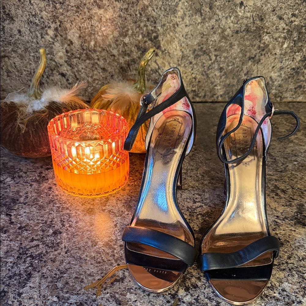 Ted Baker London Black and Gold Ankle Strap Heels